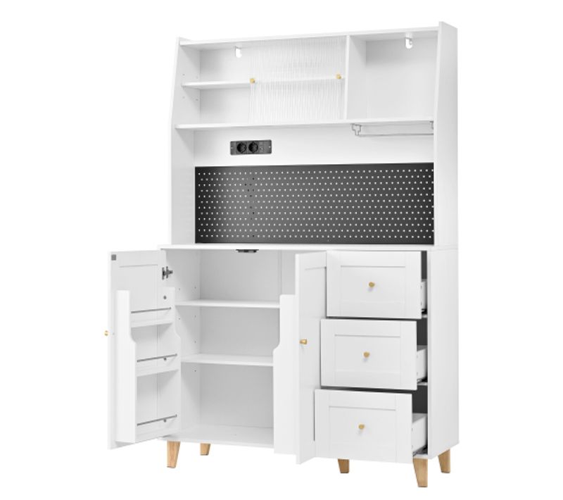 Buffet De Cuisine Haut Blanc 120x40x184 Cm, 3 Tiroirs, Porte-verres, Prises+usb/type-c