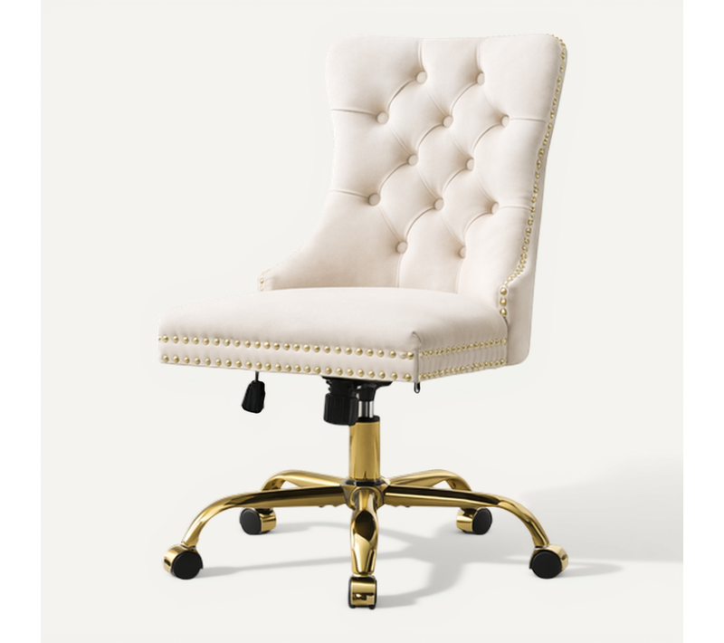 Chaise De Bureau En Velours, Dossier Capitonné, Base Métal Doré, Beige