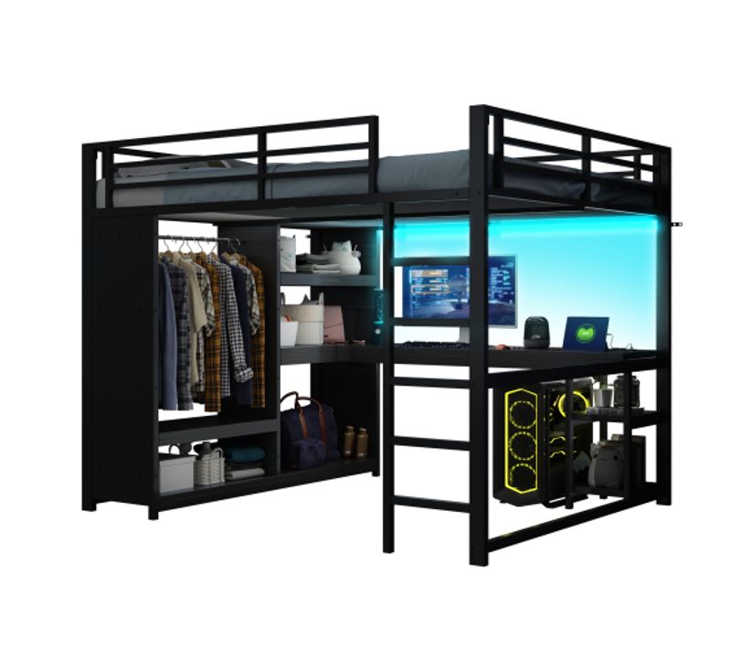 Lit Mezzanine 160x200 Cm, Avec LED Et Ports USB Et Type-c, En Métal, Noir