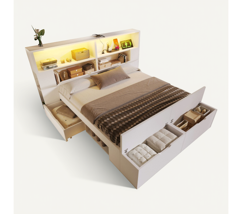 Lit Coffre 140x200 Cm Avec Sommier à Lattes Et Banc, LED, En Bois, Blanc