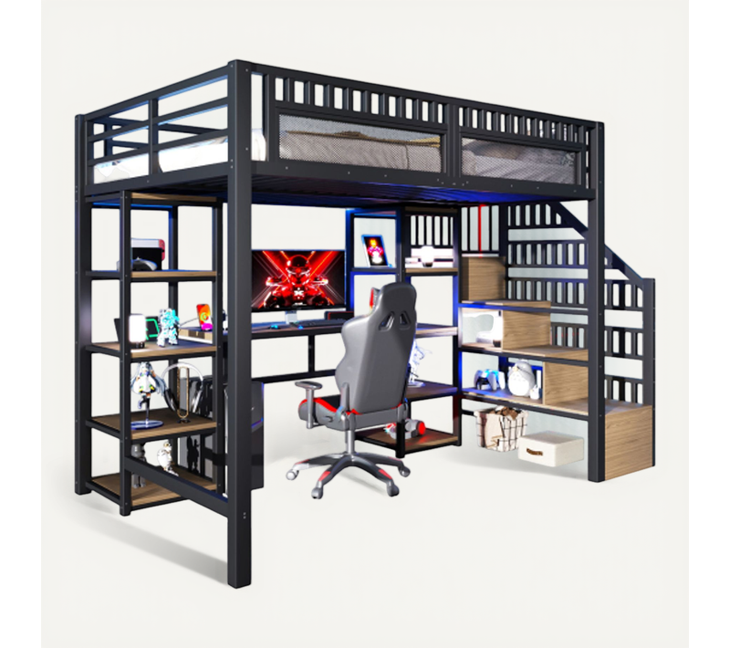 Lit Mezzanine 140x200 Cm, Avec LED Et Ports USB Et Type-c, En Métal, Noir