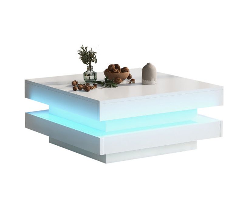 Table Basse Carrée Blanche Haut Brillant 70x70x36 Cm Avec Plateau Rotatif 360° Et Éclairage LED