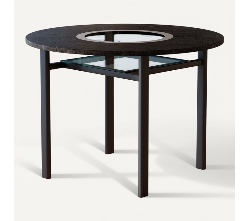 Table à Manger Ronde 100 Cm, Plateau Mdf Noir Effet Bois, Insert En Verre Gris Et Pieds En Métal
