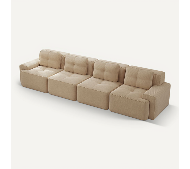 Canapé Modulable 4 Places En Velours Côtelé Beige, Assise Profonde