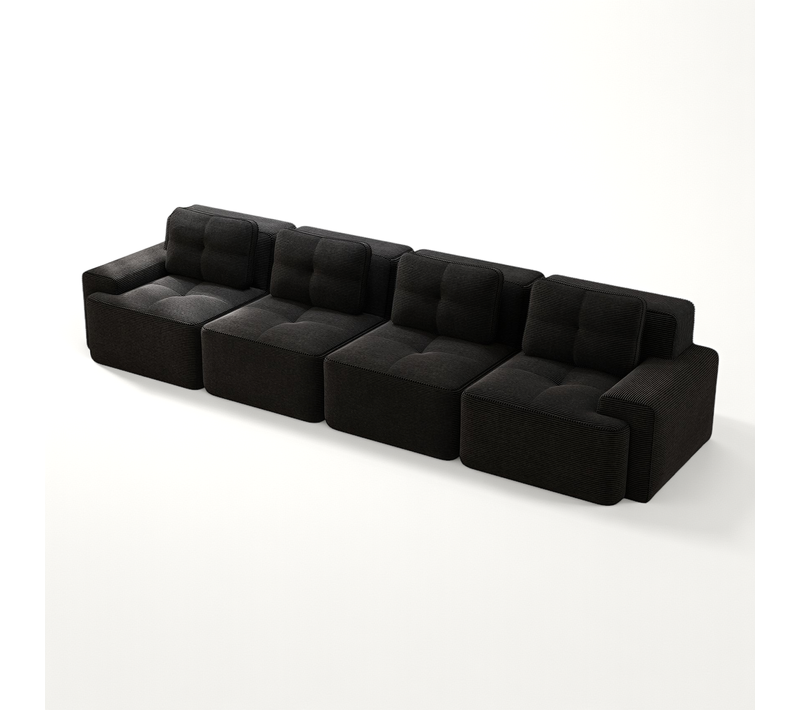 Canapé Modulable 4 Places En Velours Côtelé Noir, Assise Profonde