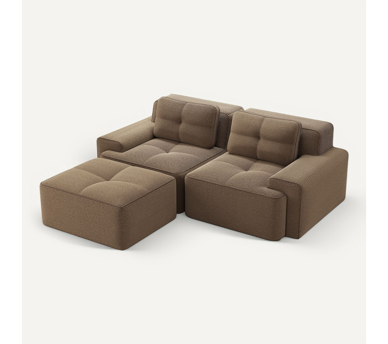 Canapé D’angle Modulable En Velours Côtelé Marron Avec Pouf
