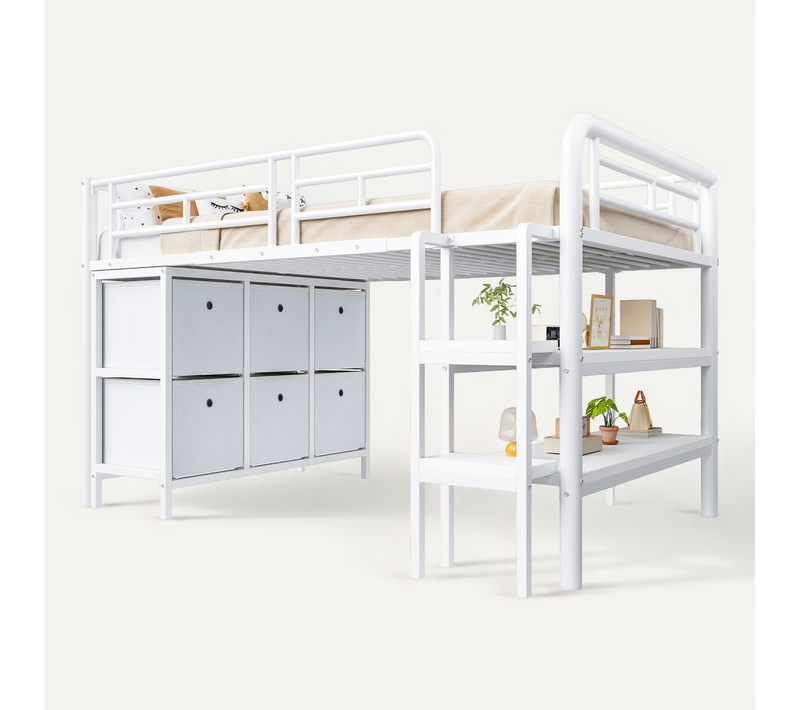 Lit Mezzanine Enfant 90x200 Cm, Rangement Avec Tiroirs Et Étagères, En Métal, Blanc
