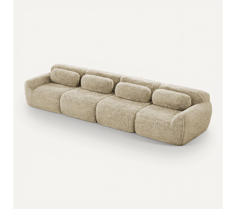 Canapé D’angle Modulable 4 Places En Tissu Peluche Avec Coussins, Kaki Clair