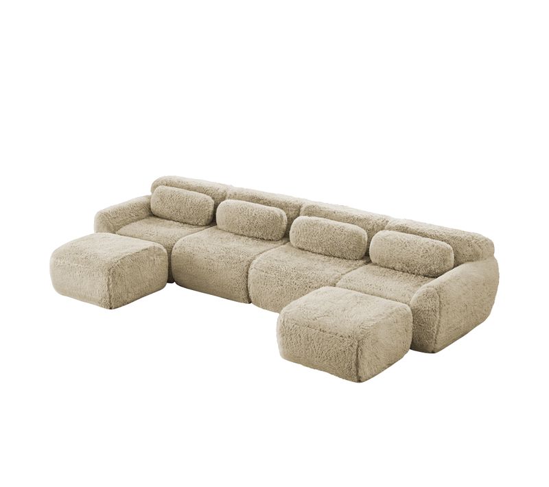 Canapé D’angle Modulable En U En Tissu Peluche, Sans Montage, Avec Coussins, Kaki Clair
