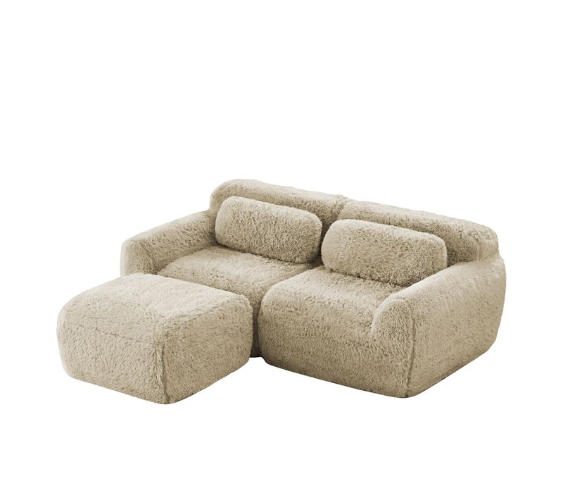 Canapé D’angle Modulable 2 Places En Tissu Peluche Avec Coussins, Kaki Clair