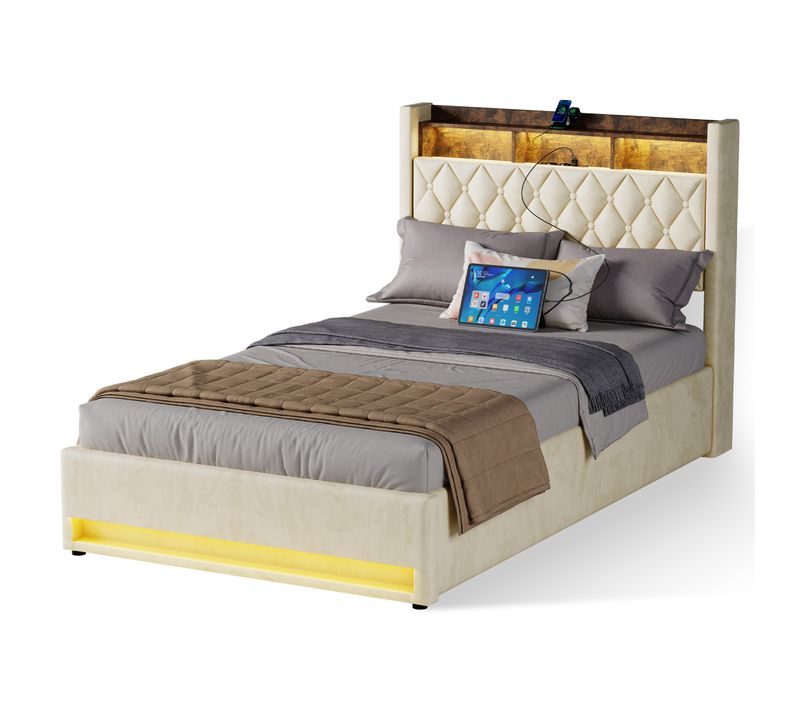 Lit Coffre 140x190 Cm, Tête De Lit Avec 2 Prises Électriques Et USB, LED, En Velours Beige