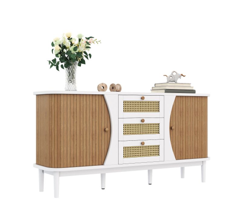 Buffet De Salon Blanc Et Bois 140.5x76x40 Cm, 3 Tiroirs En Rotin, Étagères Réglables