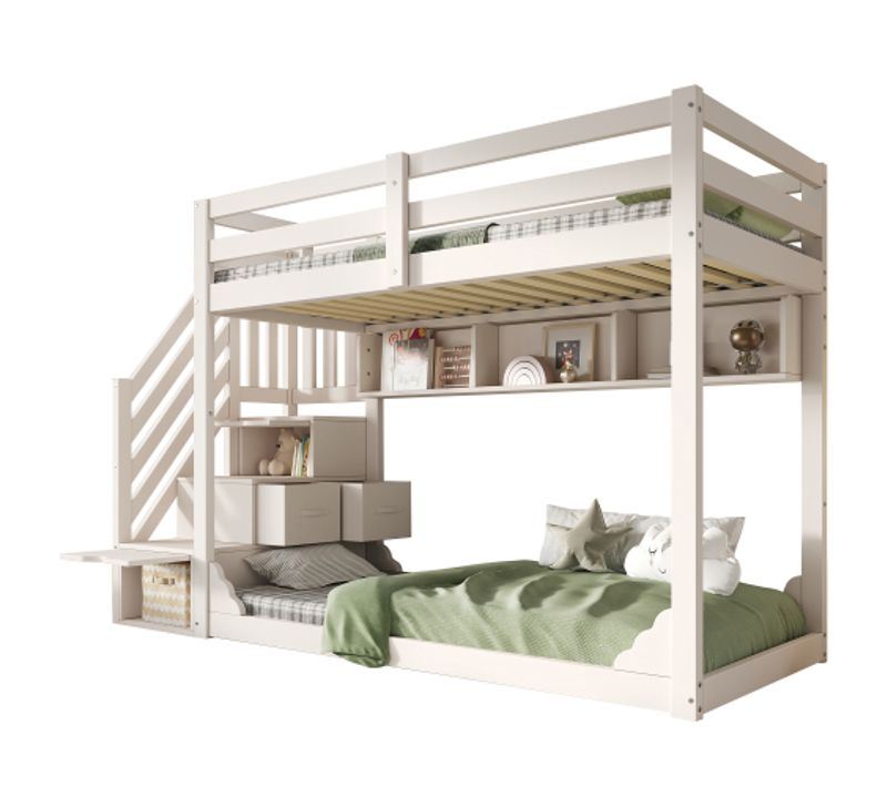 Lit Superposé 90x200 Cm Avec Escalier De Rangement Et Sommier à Lattes, En Bois, Blanc