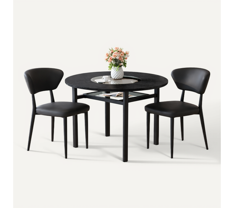 Ensemble Table Et Chaises, Table à Manger 100 Cm Avec Pieds Métal Noir Et 2 Chaises En Pu Noir