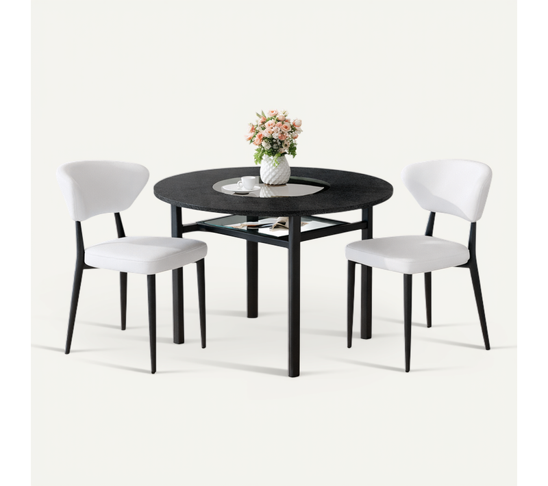 Ensemble Table Et Chaises, Table à Manger 100 Cm Avec Pieds Métal Noir Et 2 Chaises En Pu Blanc