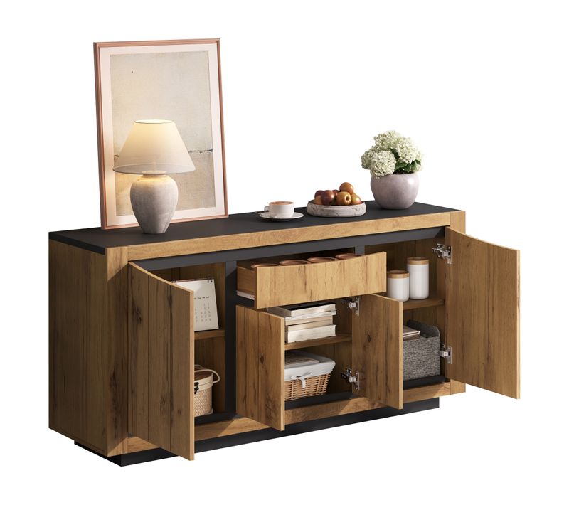 Buffet De Salon 140 X 38,5 X 52 Cm Avec 4 Portes, 1 Tiroir, Noir Et Bois