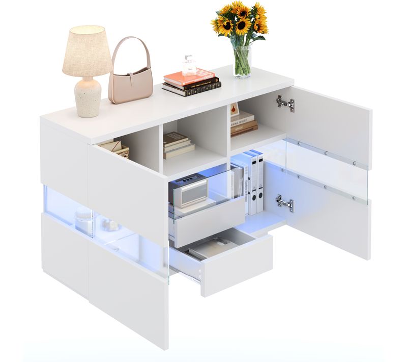 Buffet De Salon 140x35x75 Cm, Meuble De Rangement Double Niveau Blanc