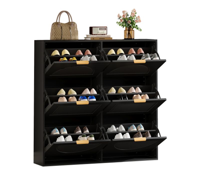 Meuble à Chaussures Noir, 6 Abattants, Étagères Ouvertes