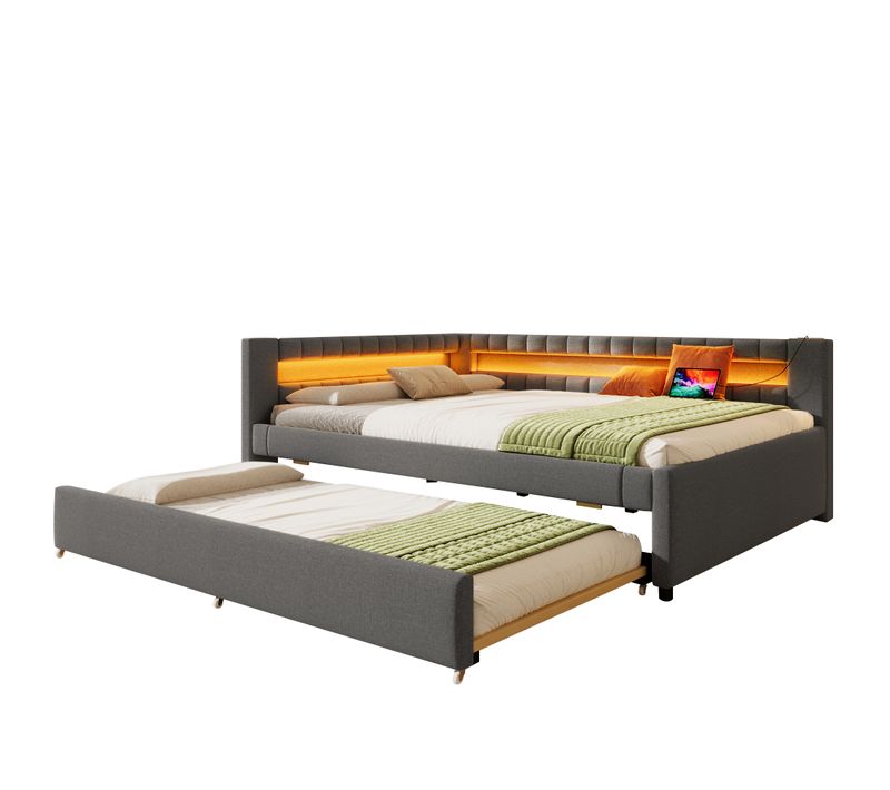 Lit Gigogne 140x200 Cm, Avec Lit 90x190 Cm, LED Et Ports USB Et Type-c, En Lin, Gris