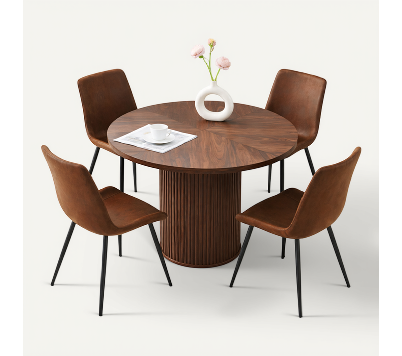 Ensemble Table Et Chaises, Table à Manger 100 Cm Avec Pieds En Mdf Et 4 Chaises Tissu Marron
