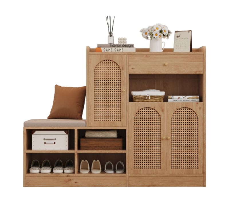 Meuble à Chaussures Avec Banc Rembourré, 3 Portes Effet Rotin, Tiroir, 4 Étagères Ouvertes, Natural