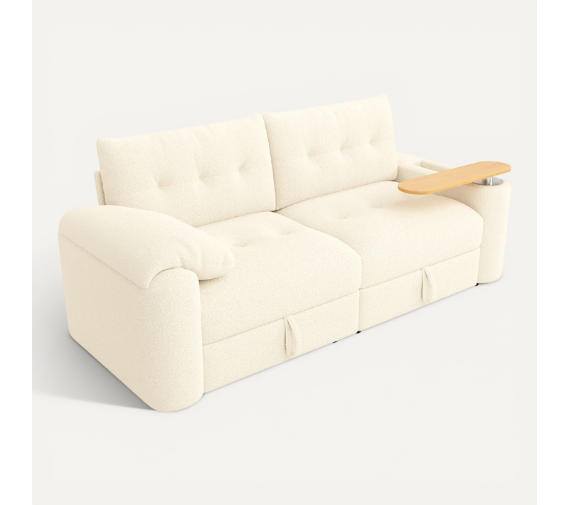 Canapé Droit Convertible Modulable 3 Places En Teddy Avec Rangements, Appui-tête Et Tablette, Beige