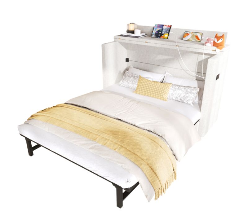 Lit Adulte Escamotable 140x200 Cm, Avec Tiroir Et Ports USB Et Type-c, En Tissu, Beige