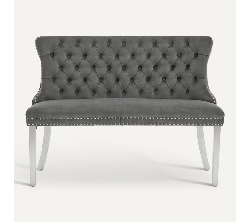 Banquette 2 Places En Velours, Dossier Capitonné, Pieds En Acier Inoxydable, Gris