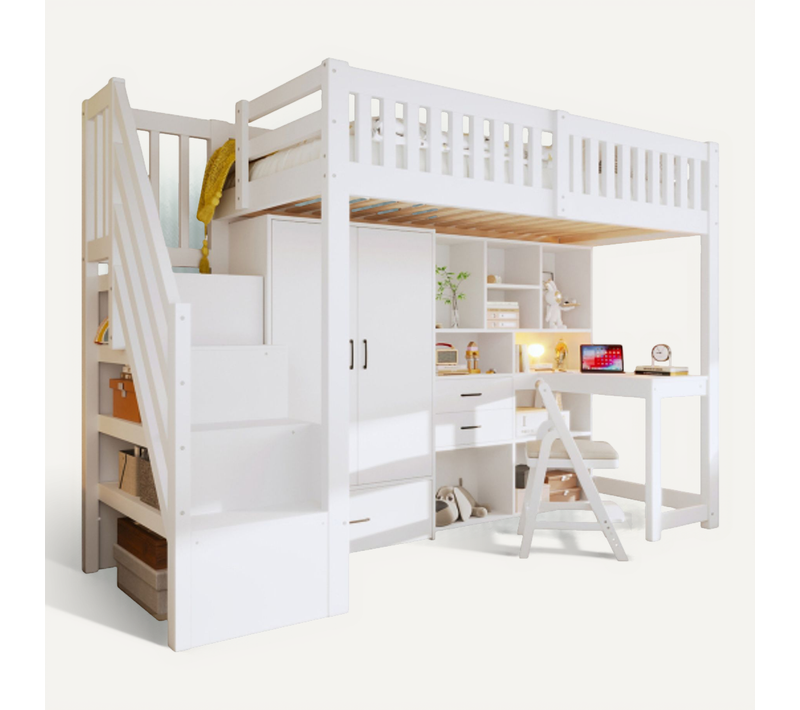 Lit Mezzanine 90x200 Cm Avec Bureau Et Rangement, En Bois, Blanc