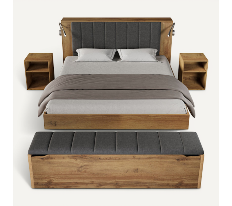 Lit Coffre 160x200 Cm, 2 Chevets Et Banc, Tête De Lit Relevable En Lin, Avec Lattes, En Bois Chêne