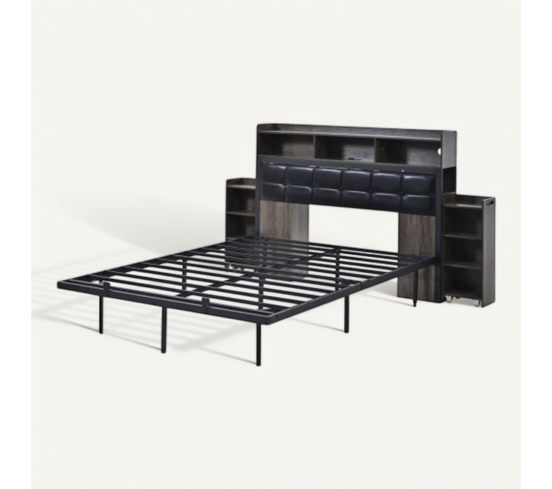 Lit Adulte 140x190 Cm Avec Tête De Lit Et Sommier à Lattes, LED, Ports USB Et Type-c, En Métal, Gris