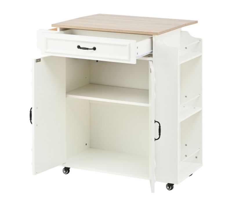 Desserte De Cuisine à 4 Roulettes Avec Plateau Rabattable, Porte-serviettes, Étagère à Épices, Blanc