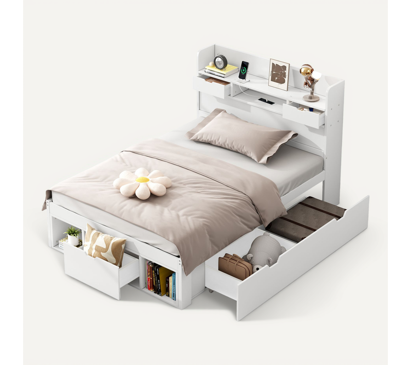 Lit Enfant 90x190 Cm, Lit Avec Rangement Et Ports USB Et Type-c, Avec Sommier à Lattes, Blanc