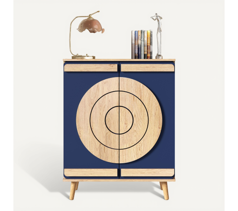 Meuble à Chaussures, Portes Géométriques Rondes, Rangement Multi-niveaux, Bleu Et Naturel