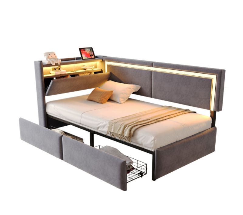 Lit Enfant 90x200 Cm, Avec Tiroirs Et LED, Avec L à T T E S, En Velours, Gris