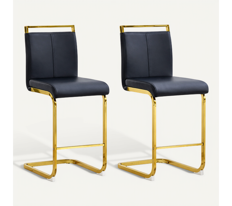 Lot De 2 Tabourets De Bar, Assise En Pu, Pieds Métal, Noir Et Doré
