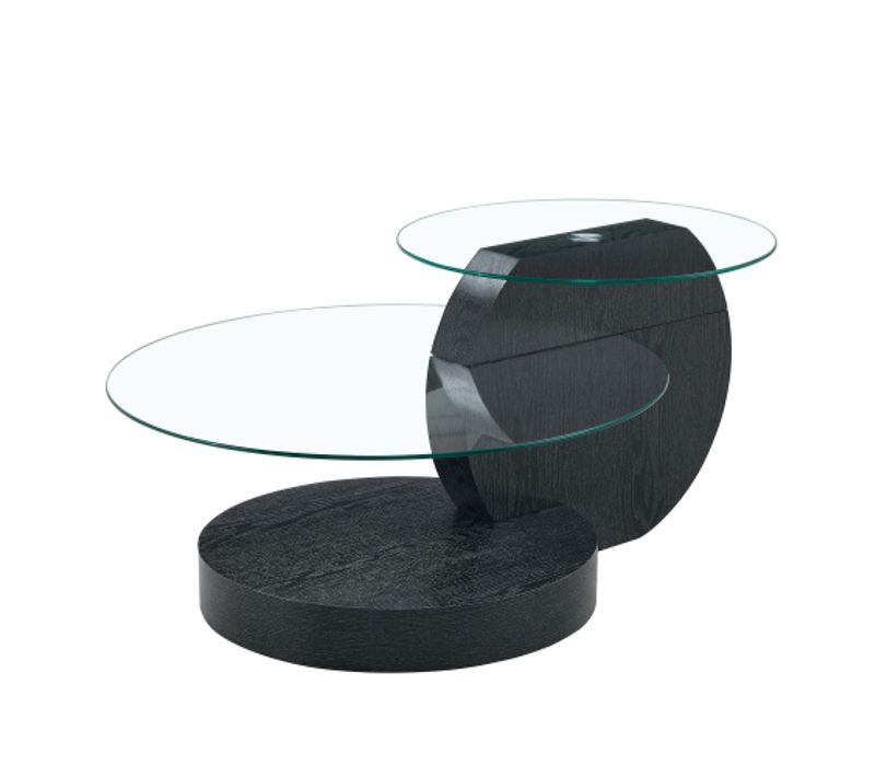 Table Basse Ronde Noire, Plateau En Verre Transparent, 2 Niveaux