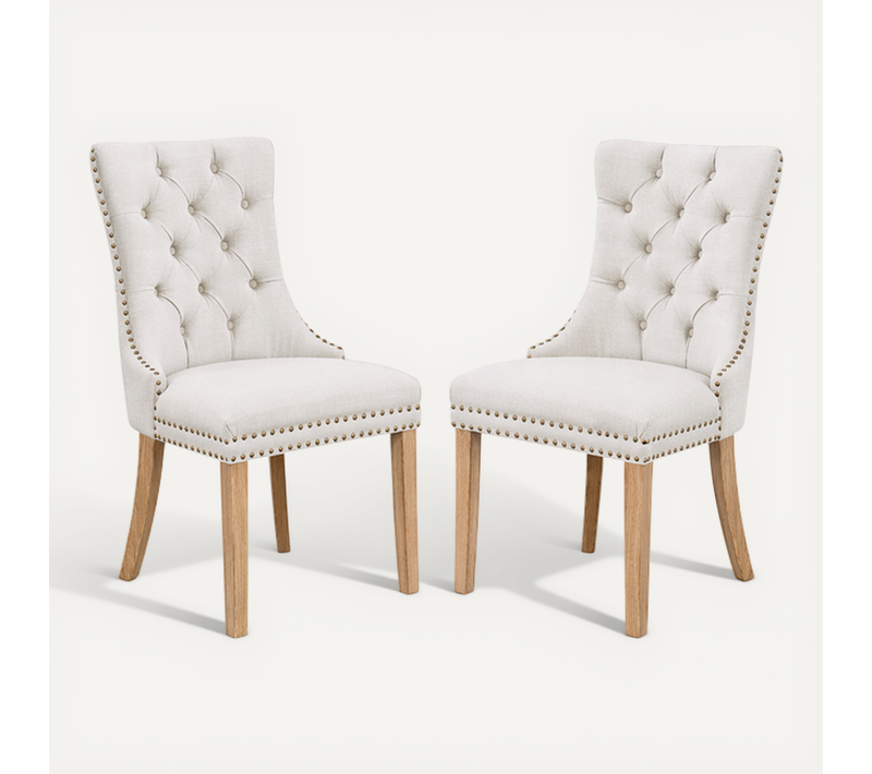 Lot De 2 Chaises De Salle à Manger, Tissu Lin Capitonné, Pieds Bois Massif, Beige