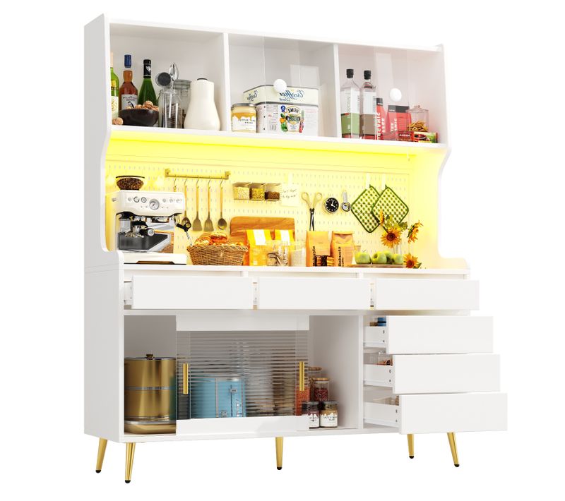 Buffet De Cuisine Haut 145x39x171 Cm Blanc, Portes Coulissantes En Verre Strié, LED Pilotée Par App