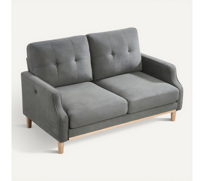 Canapé Droit 2 Places En Tissu Gris Foncé Avec Port USB Et Pieds En Bois