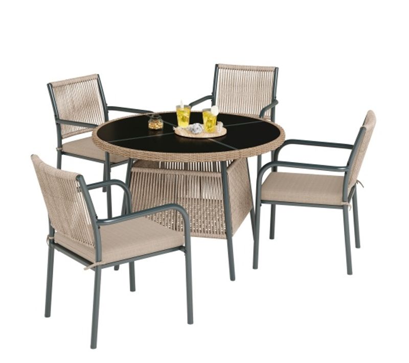 Salon De Jardin 5 Pièces Gris, Table Ronde Verre Trempé 110 Cm Et 4 Fauteuils Avec Coussins
