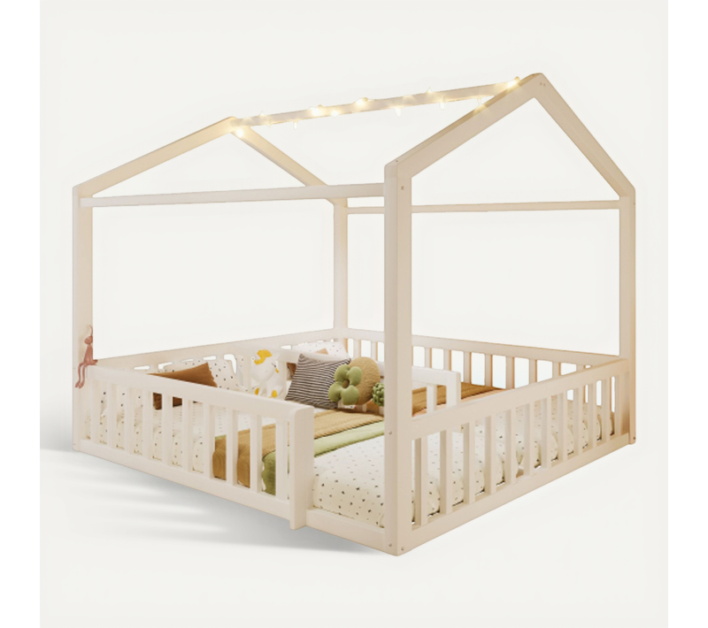 Lit Cabane 90/180x190 Cm, Lit Enfant Avec Barrières Et LED, En Bois, Blanc