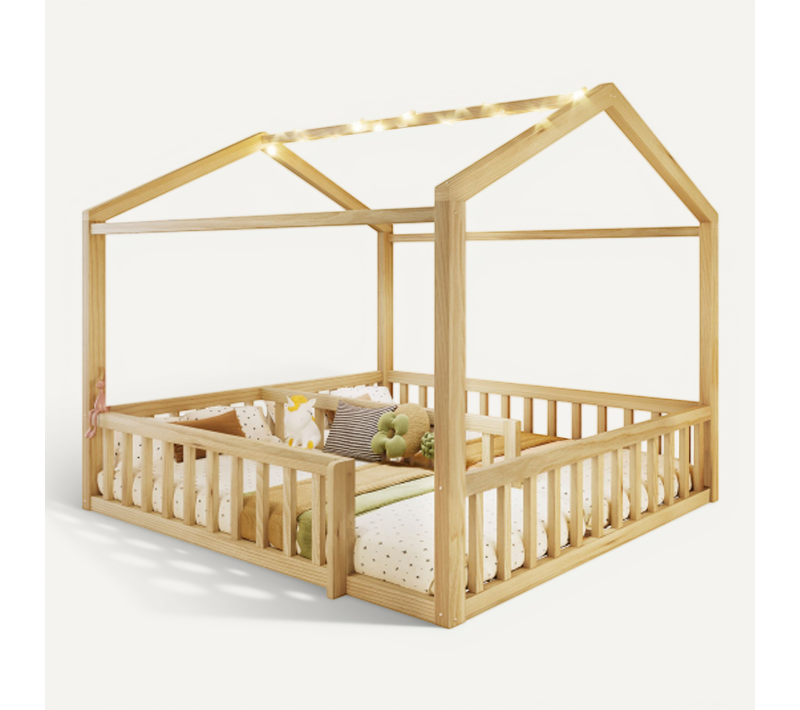Lit Cabane 90/180x190 Cm, Lit Enfant Avec Barrières Et LED, En Bois, Naturel