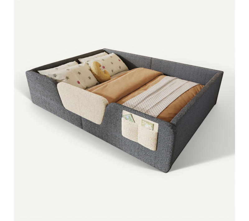 Lit Enfant 140x190 Cm, Avec Barrières Amovibles, En Velours, Gris