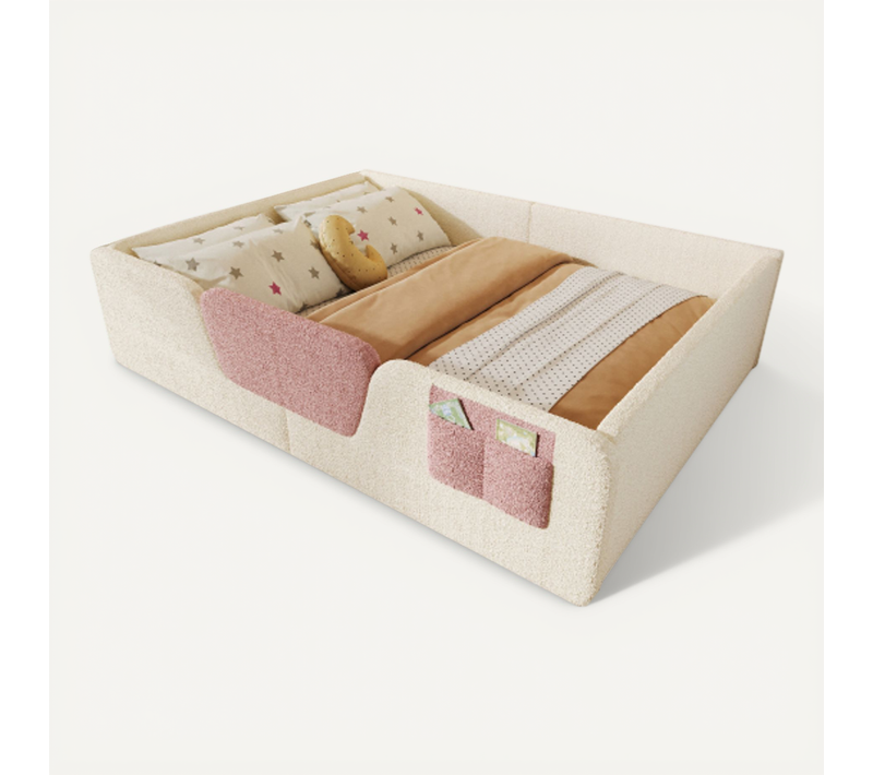 Lit Enfant 140x190 Cm, Avec Barrières Amovibles, En Velours, Beige
