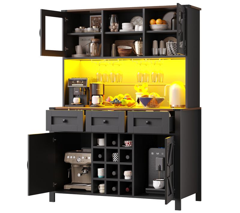Buffet Haut 120x40x170 Cm, Meuble De Cuisine LED Avec Prises Et USB, 3 Tiroirs, 4 Portes, Noir