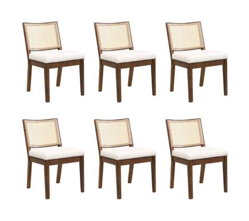Lot De 6 Chaises De Salle à Manger, Dossier En Rotin, Assise En Lin, Noyer