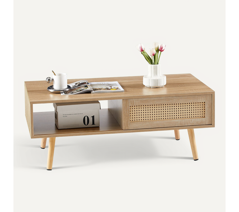Table Basse Bois Naturel Avec Porte Coulissante En Rotin Et Rangement