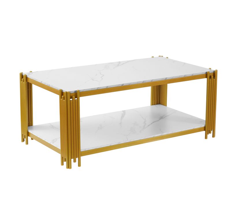 Table Basse Rectangulaire Blanche Et Dorée, 2 Étagères, Plateau Effet Marbre