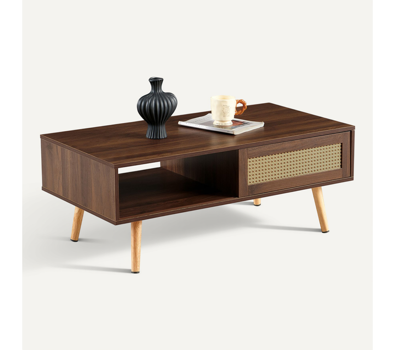 Table Basse Marron Avec Porte Coulissante En Rotin Et Rangement